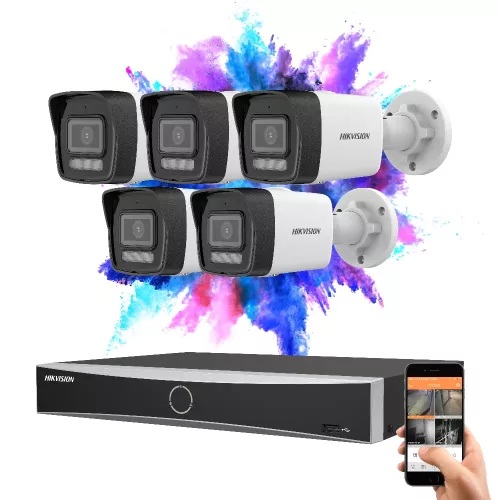Hikvision IP-Kamera-System mit 5 Überwachungskameras, 8 MP und Farbnachtsicht
