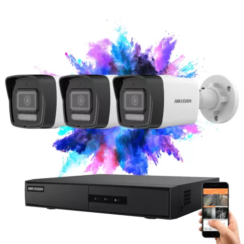 Hikvision IP-Kamerasystem mit 3 Sicherheitskameras, 4 MP und farbiger Nachtsicht