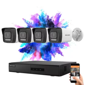   Hikvision IP-Kamera-System mit 4 Sicherheitskameras, 4 MP und farbiger Nachtsicht