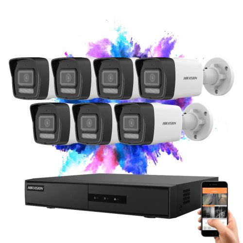 Hikvision IP-Kamera-System mit 7 Überwachungskameras, 4 MP und farbiger Nachtsicht