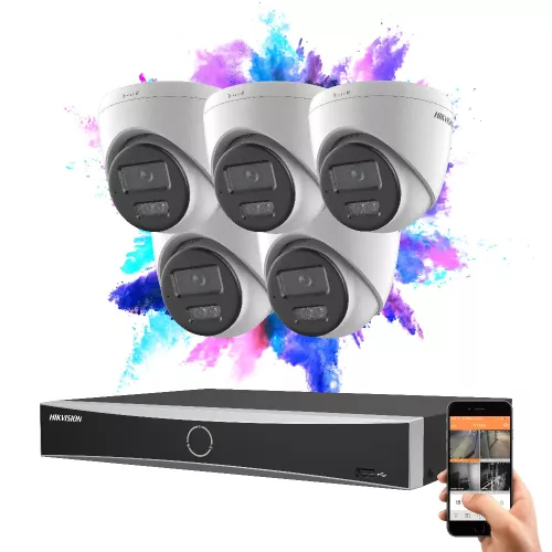 Hikvision IP-Kamera-System mit 5 Dome-Überwachungskameras, 8 MP und Farbnachtsicht