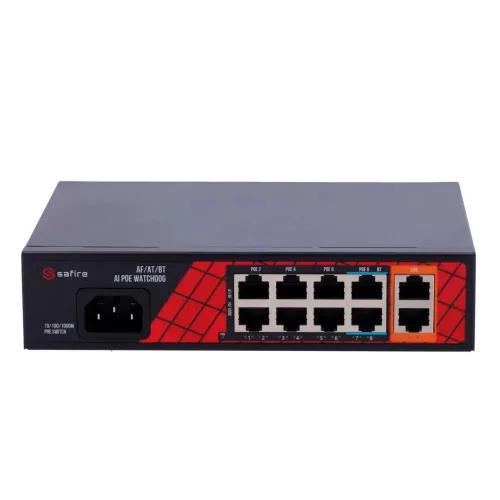 Safire SF-SW1008HIPOE-H-120 10 portos Hi-PoE switch, 8x PoE + 2x Gigabit uplink, 120W